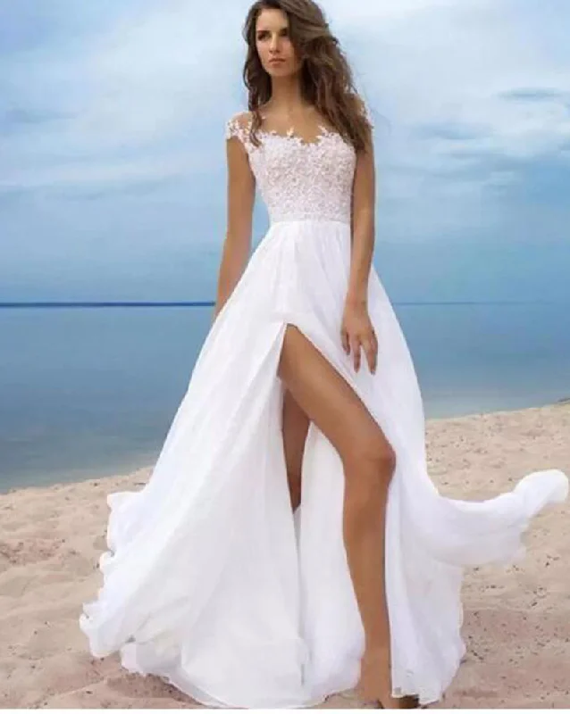 Markdowns Elegant Scoop Neck Cap Sleeves lace Bridal Dress Beach Wedding Gown with Slits,Vestido De WD10271 Markdowns Elegant Scoop Neck Cap Sleeves lace Bridal Dress Beach Wedding Gown with Slits,Vestido De WD10271