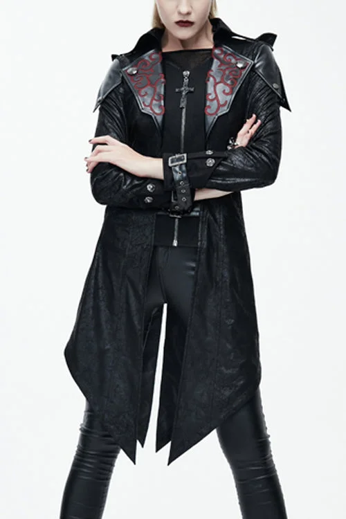 Deal Zone Black Punk Burnt Out Applique Hooded Womens Leather Coat