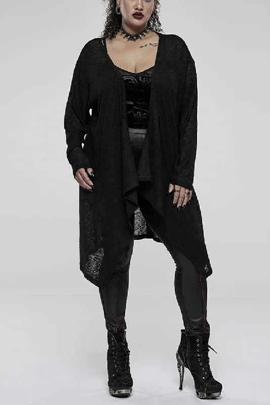 Price Break Black Soft Knitting Mottled Texture Asymmetric Hem Skull Decal On The Back Women's Plus Size Gothic Jacket