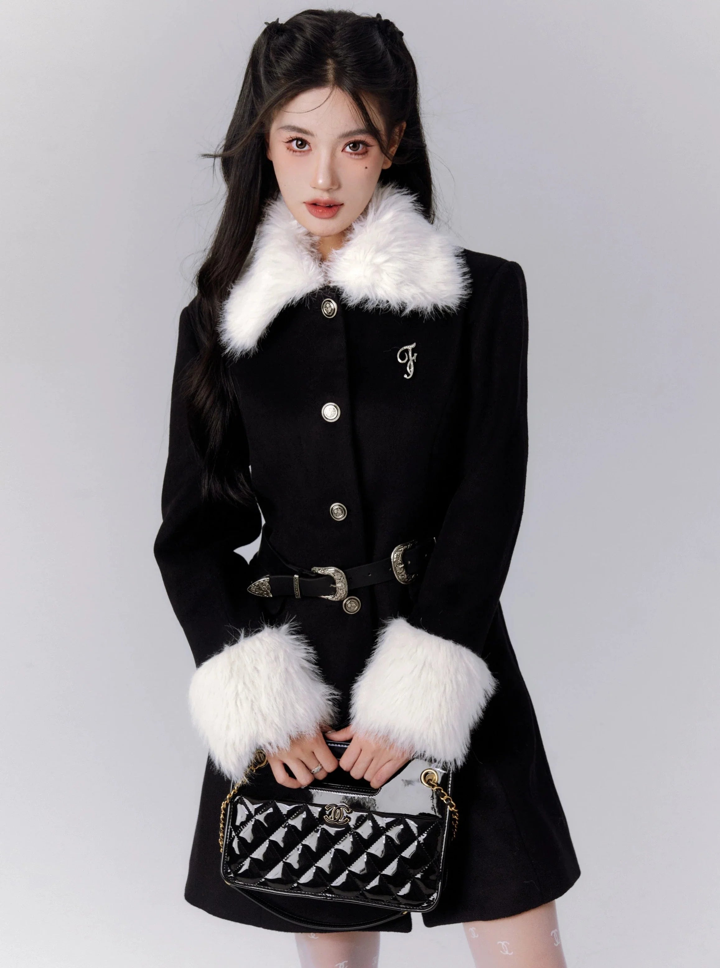 Price Smash Faux Fur Trim Belted Winter Coat