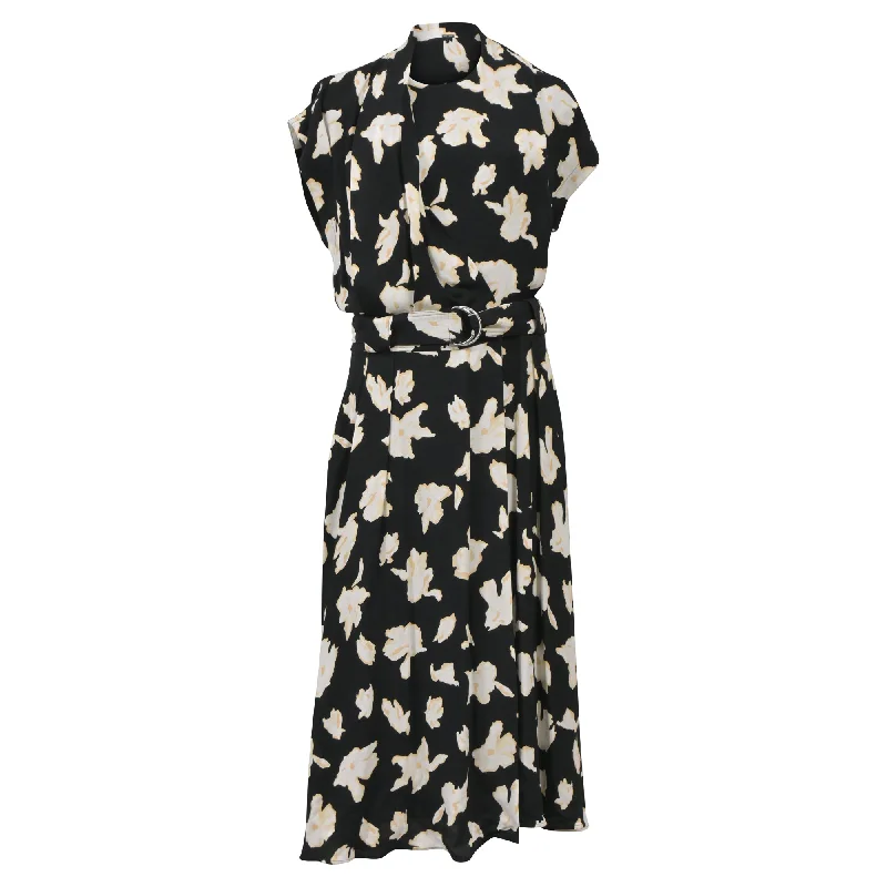 YEAR-End Clearance Proenza Schouler Belted Floral-Print Georgette Midi Dress in Black Viscose