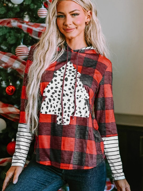 Super Sale Festive Red Plaid Leopard Christmas Tree Hoodie with Fiery Accents