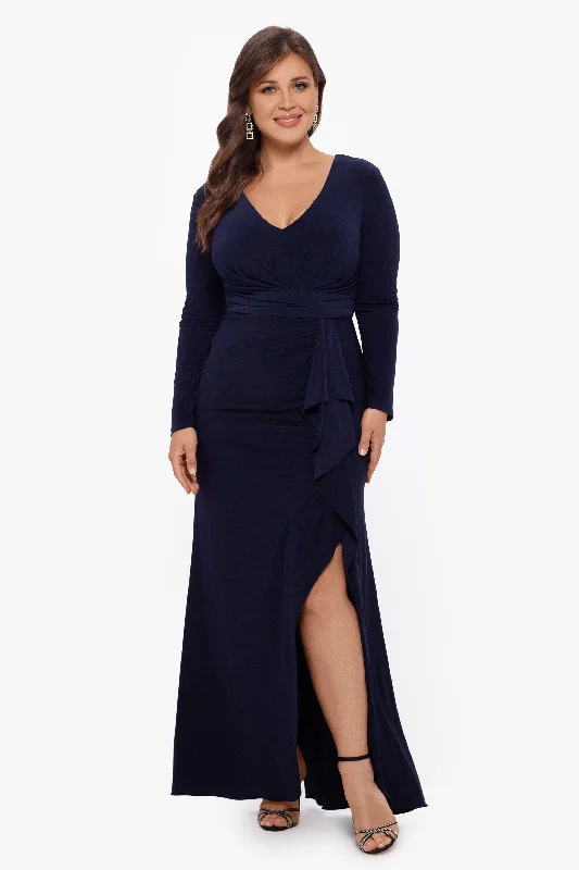 Great Deals Plus "Elle" Long Sleeve Side Ruffled Slit Gown