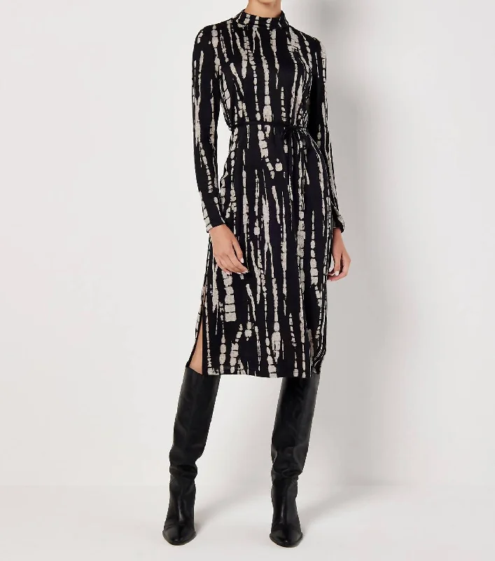 Stock Clearance Print Knit Dress Belted In Black/gray