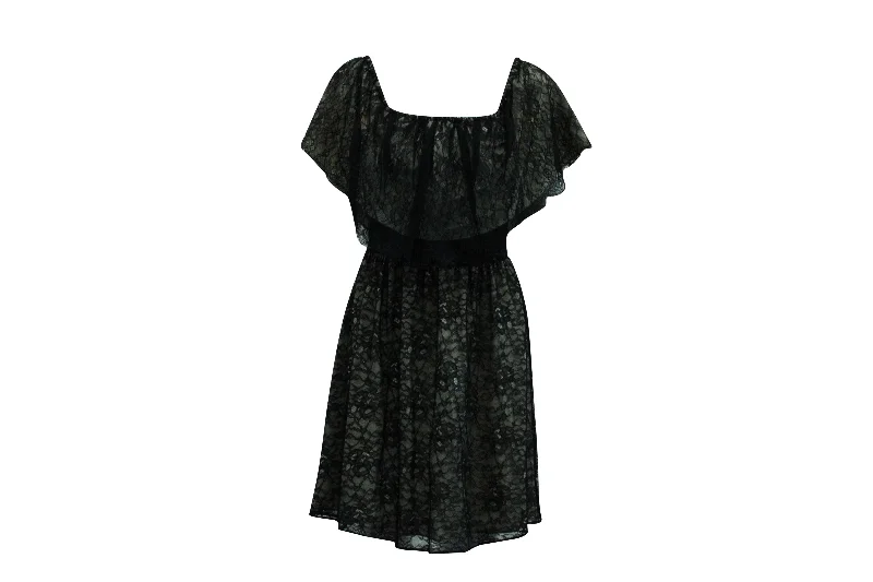 Super Sale Alice + Olivia Lace Off Shoulder Short Dress in Black Nylon
