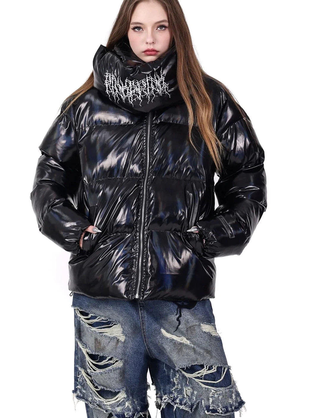 Overstock PINKSPINK Metal Logo Puffer Jacket - Black and White
