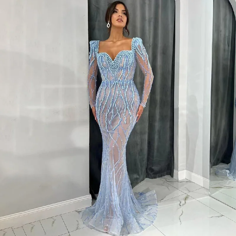 Deep Discounts Serene Hill Blue Mermaid Luxury Pearls Beaded Arabic Elegant Evening Dresses Gowns For Woman Wedding Party LA71861