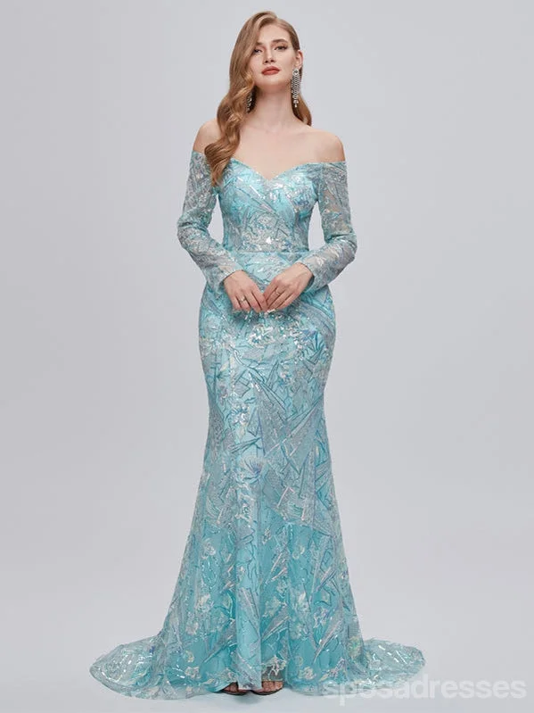 Anniversary Sale Sexy Blue Mermaid Long Sleeves Off Shoulder Cheap Prom Dresses,12988