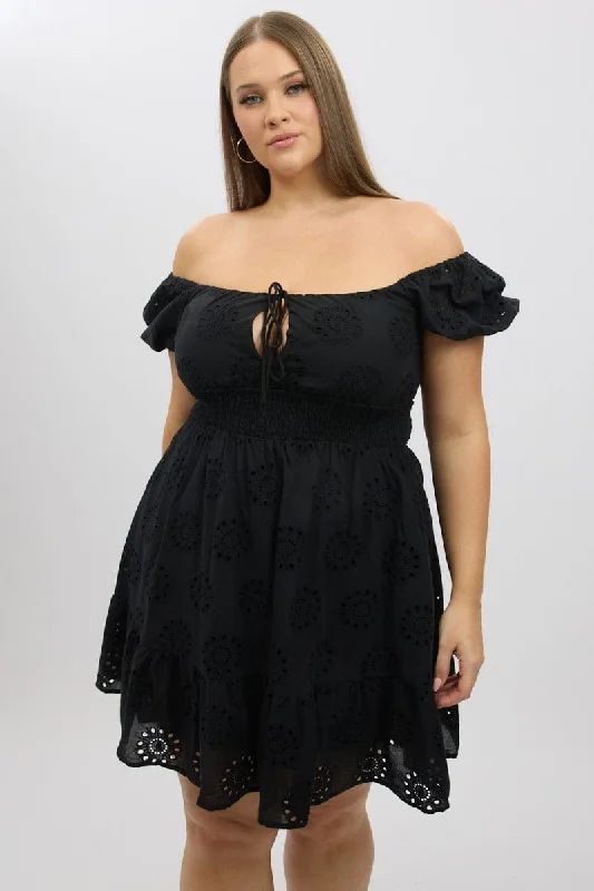 Great Deals Black Cotton Eyelet Lace Scoop Neck Mini Dress