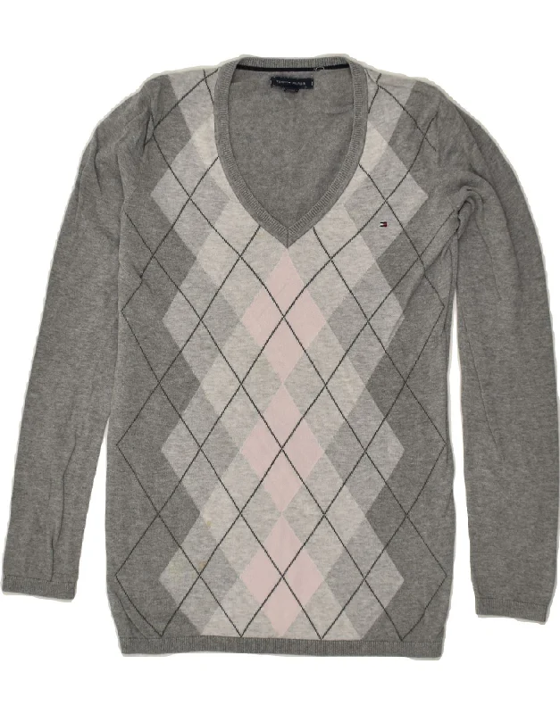 Final Clearance TOMMY HILFIGER Womens V-Neck Jumper Sweater UK 6 XS Grey Argyle/Diamond