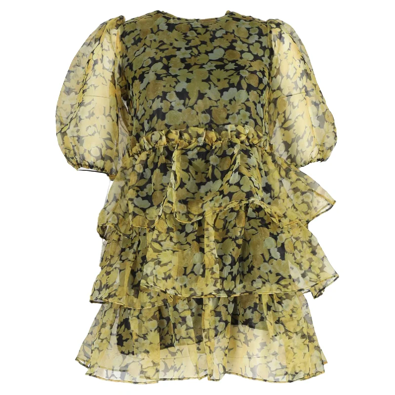 Great Bargains Ganni Ruffled Tiered Floral-Print Organza Mini Dress In Yellow Polyester