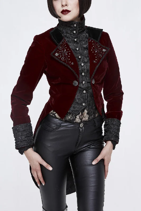 Discount Mania Red/Black Jacquard Lapel Embroidered Metal Nail Velveteen Swallowtail Women's Gothic Coat