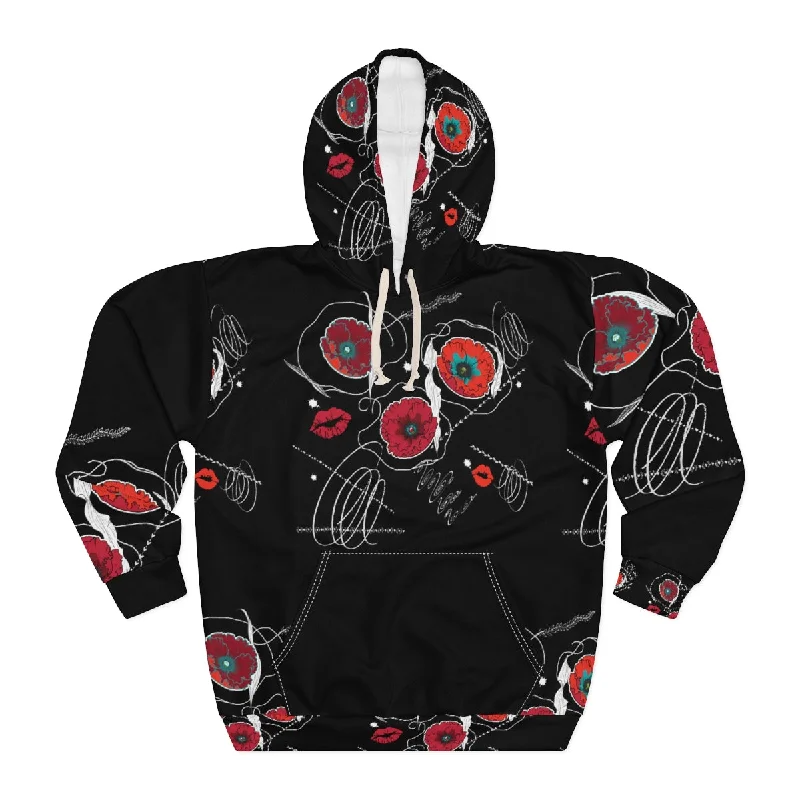 Price Slash AOP Unisex Pullover Hoodie RUBY FLOWERS DOODLES ON BLACK