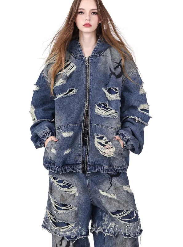 Super Deal PINKSPINK Distressed Denim Layered Hoodie Jacket - Blue