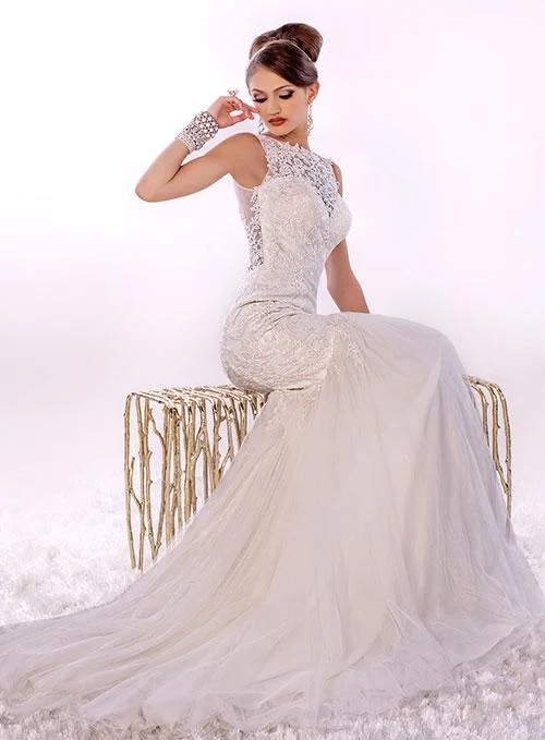 Extra Savings Adagio Bridal W9269 Sheer Lace Mermaid Wedding Dress High Neck Size 10, 12 Ivory