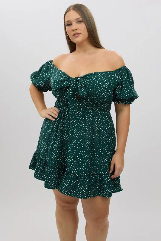 Reduced Prices Green Polka Dot Tie Front Shirred Waist Frill Minidress