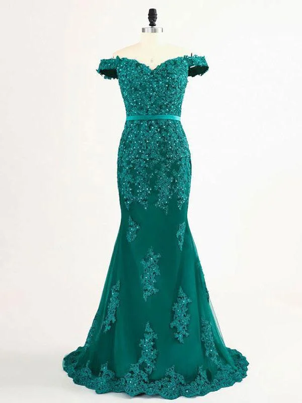 Exclusive Access elegant mermaid green lace off shoulder long prom dress, BD7676