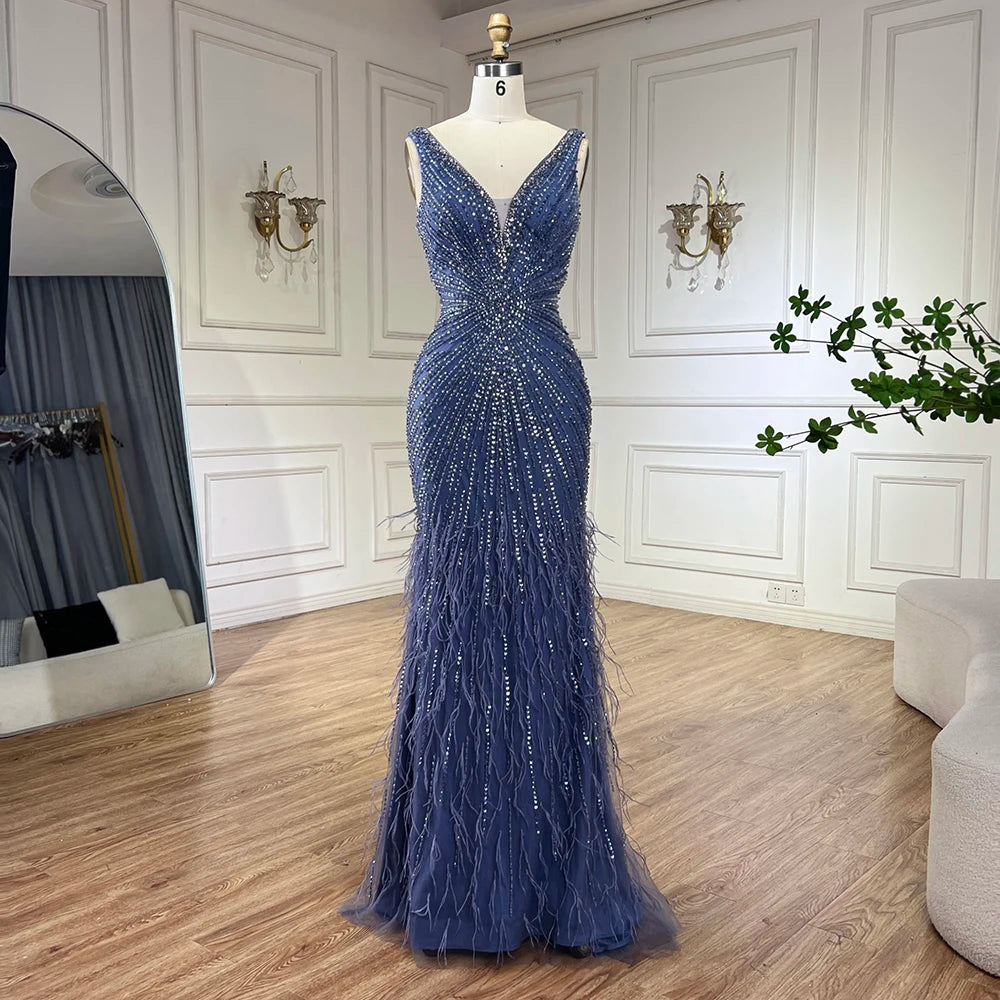 Savings Galore Serene Hill 2024 Blue Spaghetti Strap Luxury Dubai Evening Gowns with Feathers and Beading for Women Wedding Party LA72525