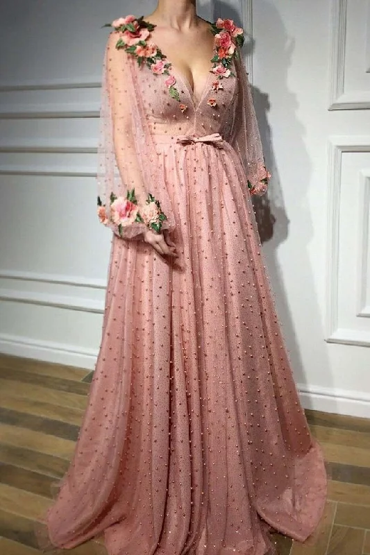 Exclusive Online Offer Long Sleeve Pink Prom Dresses, Pearl Beaded V Neck Formal Dresses,BS014 Exclusive Online Offer Long Sleeve Pink Prom Dresses, Pearl Beaded V Neck Formal Dresses,BS014