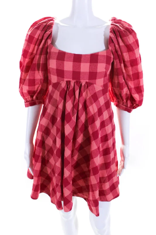 Flash Deals Acler Womens Plaid Short Puffy Sleeves A Line Mini Dress Pink