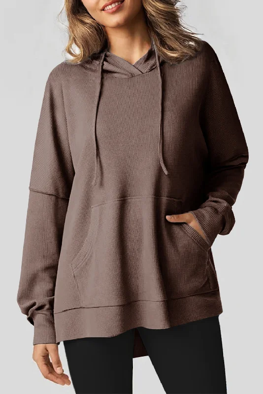 Crazy Deals Coffee Waffle Knit Fleece Lined High Low Oversized Hoodie