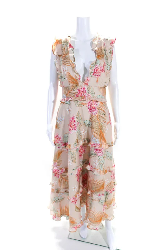 Epic Deals Adeam Womens Floral Hibiscus Print Ruffled Trim Tiered A-Line Maxi Dress