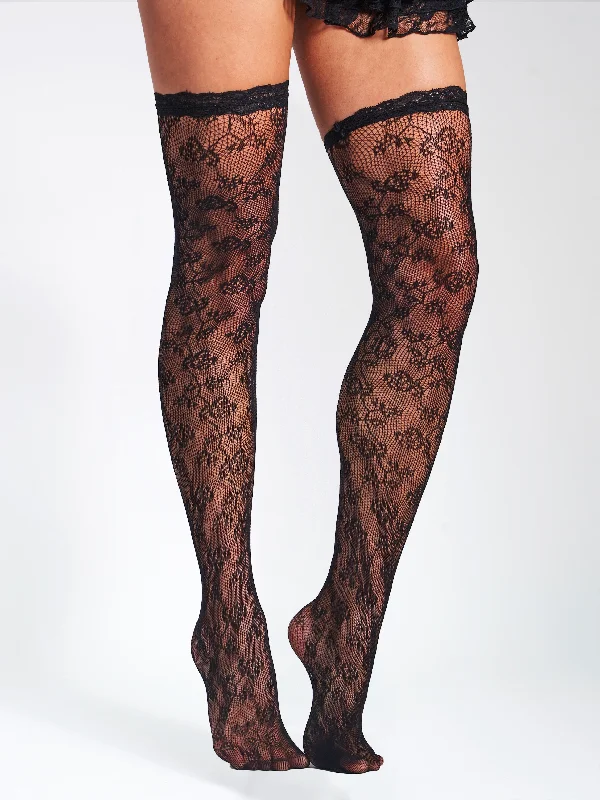 Amazing Deals Miss Circle Black Lace Floral Print Thigh Highs