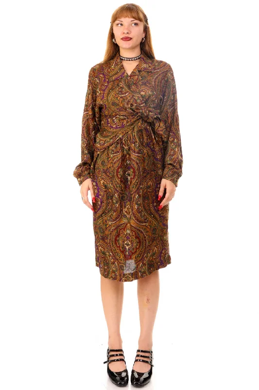 Special Savings Vintage 80's Paisley Tie-Up Long Sleeve Dress - M/L