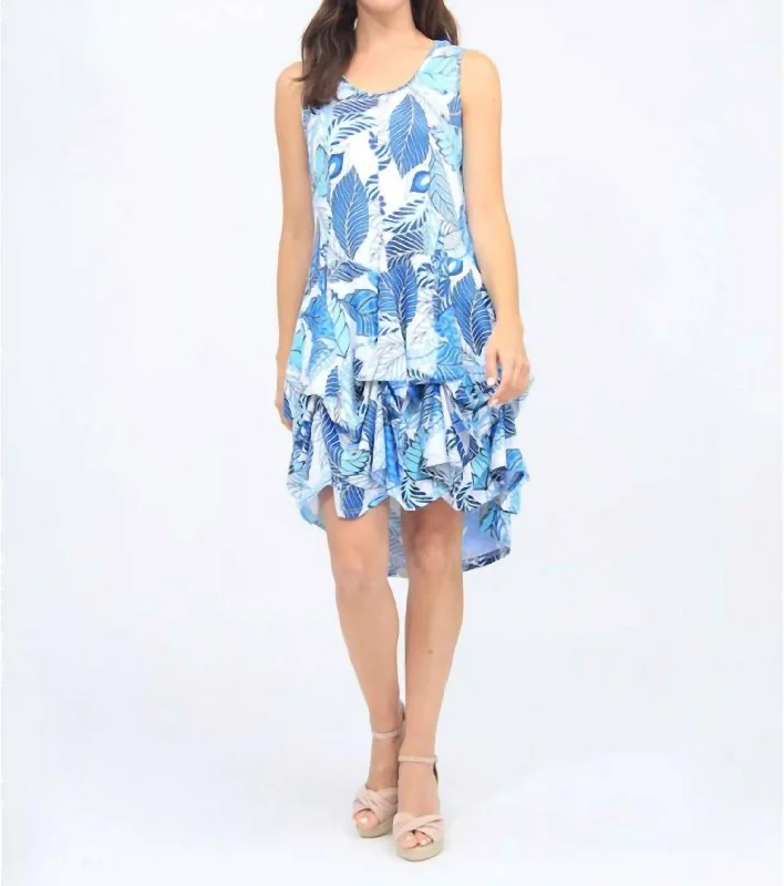 Price Slash Sleeveless Tropical Print Ruffle Dress In Multi Blue