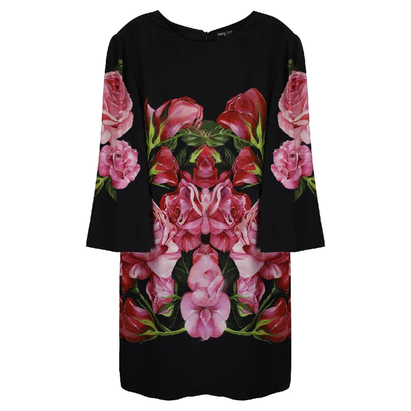 The Best Prices Dolce & Gabbana Rose Print Crepe Shift Dress in Black Viscose