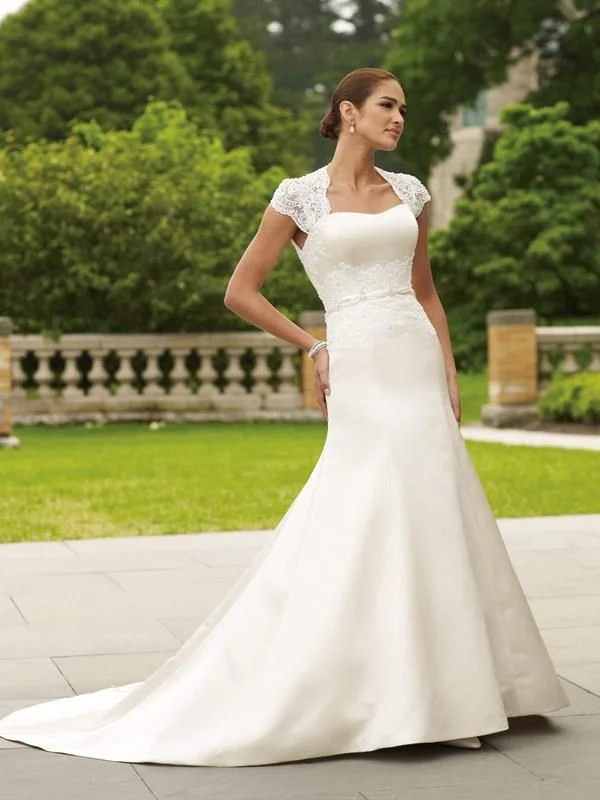 Clearance Items Mon Cheri 110230 Size 26W Satin Fit & Flare Wedding Dress Lace Sheer Cap sleeves