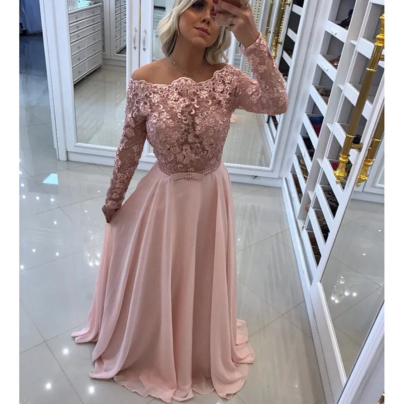 Huge Discounts Fancy Pink Off the Shoulder Lace Chiffon Long Sleeves Prom Dresses Girls Formal Wear