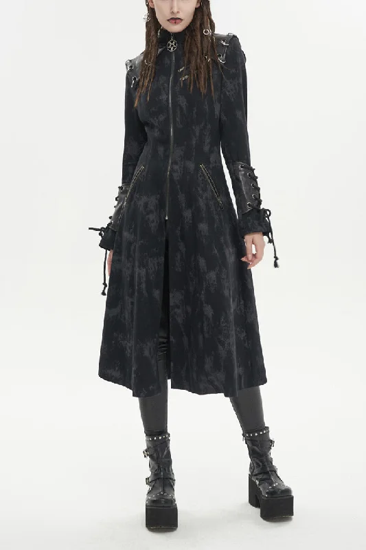 Price Reduction Black Faux Leather Splice With Hood Irregular Pattern Print Long Women's Punk Coat