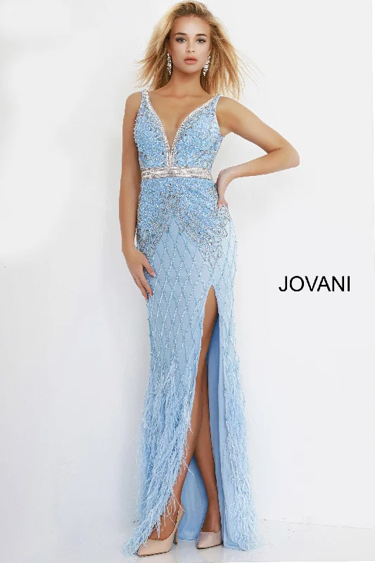 Crazy Savings Jovani 55796 v neckline embellished prom dress with feather skirt