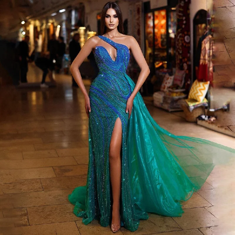 Deal Dash Serene Hill Blue Green Mermaid Sexy High Split One Shoulder Beaded Long Evening Dresses Gowns For Women Wedding Party LA72104
