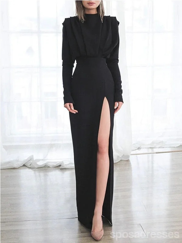 Big Savings Elegant Black Mermaid Long Sleeves Side Slit Cheap Prom Dresses,12964