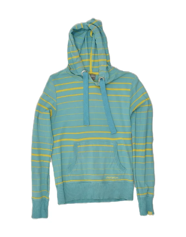Price Buster CHAMPION Womens Hoodie Jumper UK 12 Medium Turquoise Striped Cotton