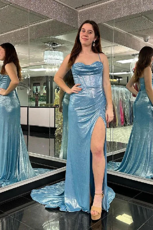 Low Prices Light Blue Satin Mermaid Cowl Neck Glitter Long Prom Dress