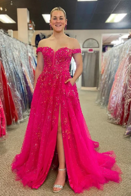 Bargain Prices Fuchsia Tulle Off the Shoulder Long Prom Dresses with Appliques