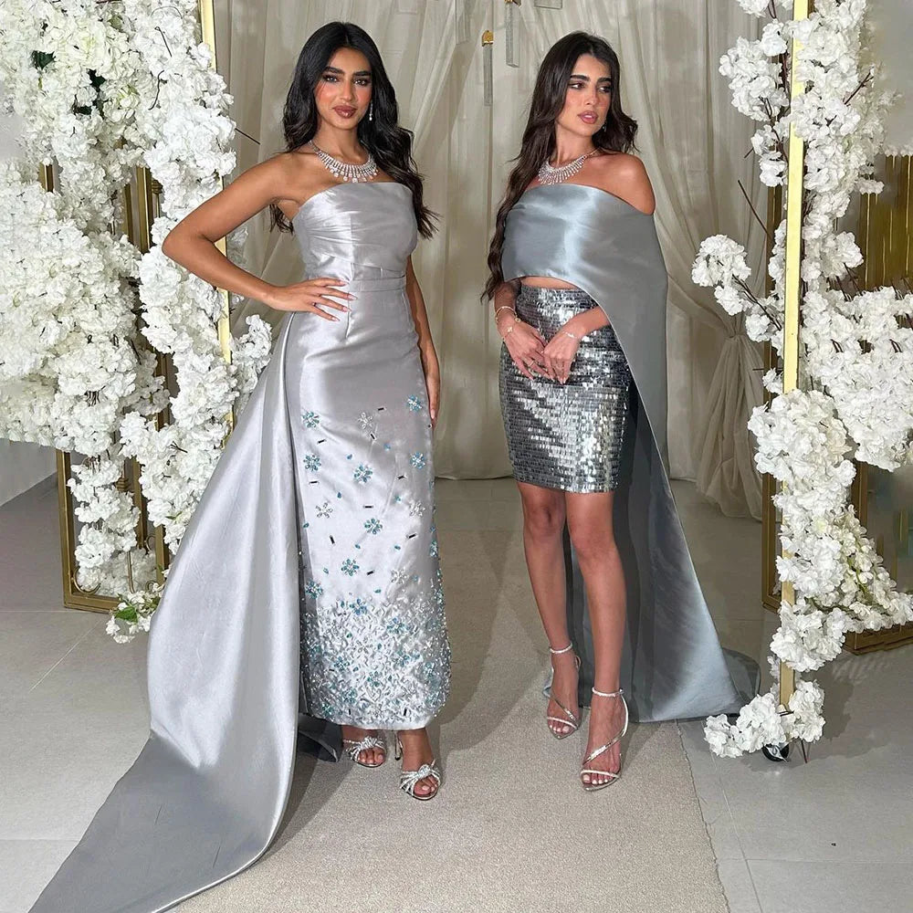 Markdown Madness Serene Hill Arabic Silver Gray Mermaid Satin Strapless Luxury Beaded Evening Dresses Gowns 2024 For Women Wedding Party LA72349