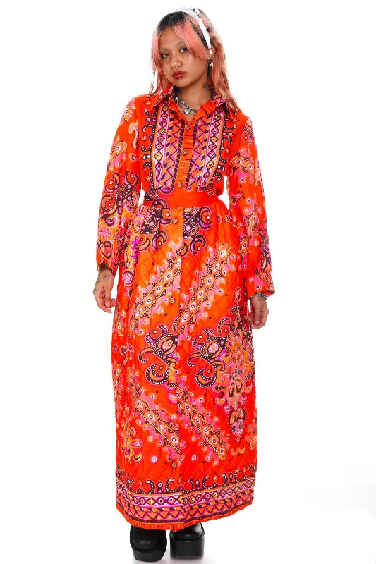 Bargain Prices Vintage 70's Bright Orange Pattern Long-Sleeve Maxi Dress - XS/S