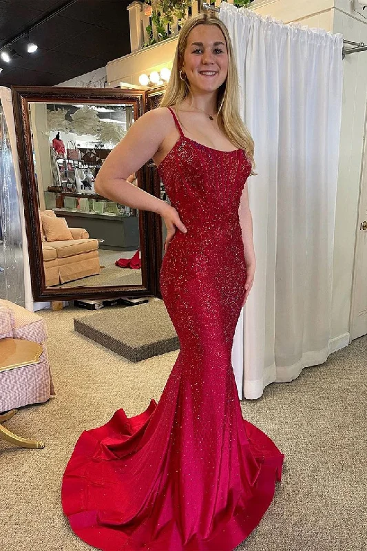 Savings Bonanza Burgundy Mermaid Scoop Neck Beaded Long Prom Dresses