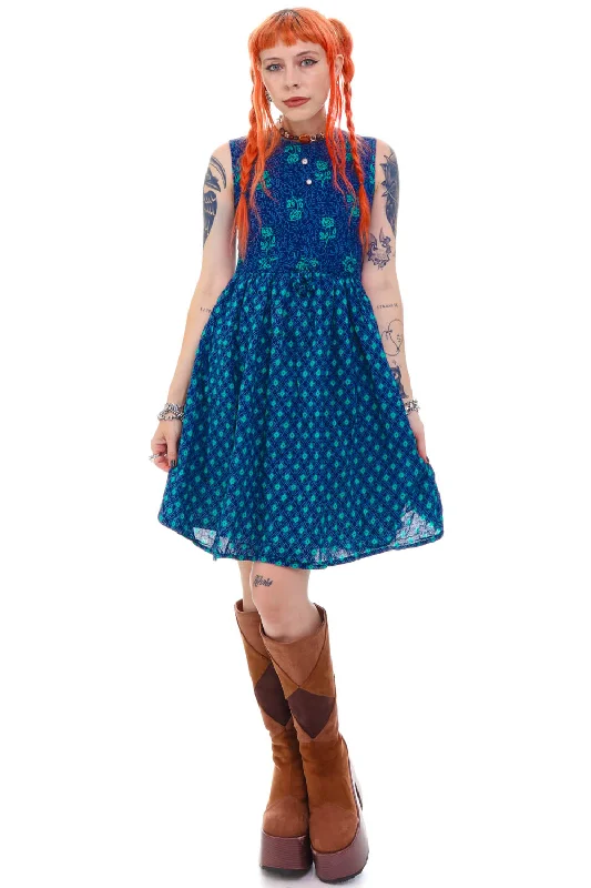 Crazy Deals Vintage Y2K Blue Rose Floral Pattern Dress - XS/S