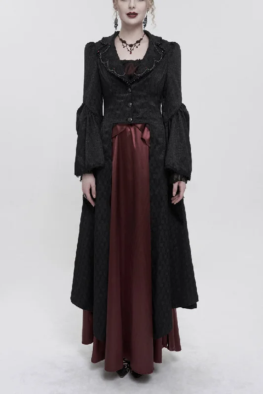 Year-End Sale Black Jacquard Short Front Long Back Lapel Bead And Chain Trim Large Cuffs With Lace Trim Back Strap Thin Long Women's Gothic Coat Year-End Sale Black Jacquard Short Front Long Back Lapel Bead And Chain Trim Large Cuffs With Lace Trim Back Strap Thin Long Women's Gothic Coat
