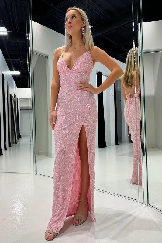 Super Sale Pink Mermaid V Neck Sequins Appliques Long Prom Dresses