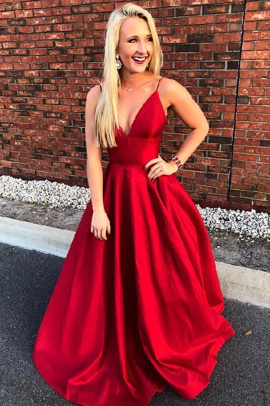 Holiday Sale simple red satin v-neck long prom dress, PD5894
