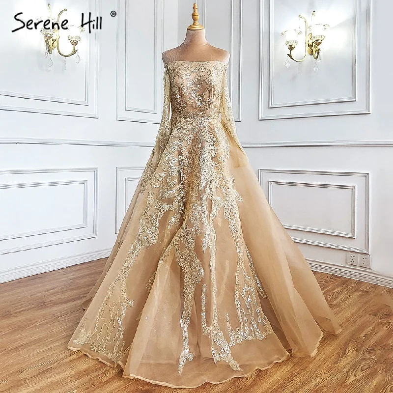 Super Bargain Serene Hill Gold A-Line Sexy Evening Dresses Gowns 2024 Beaded Off Shoulder For Woman Wedding Party LA71305