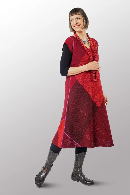 New Markdowns JAIPUR PATCH KANTHA CAP SLV. SEMI FLARE DRESS - jp4452-red -
