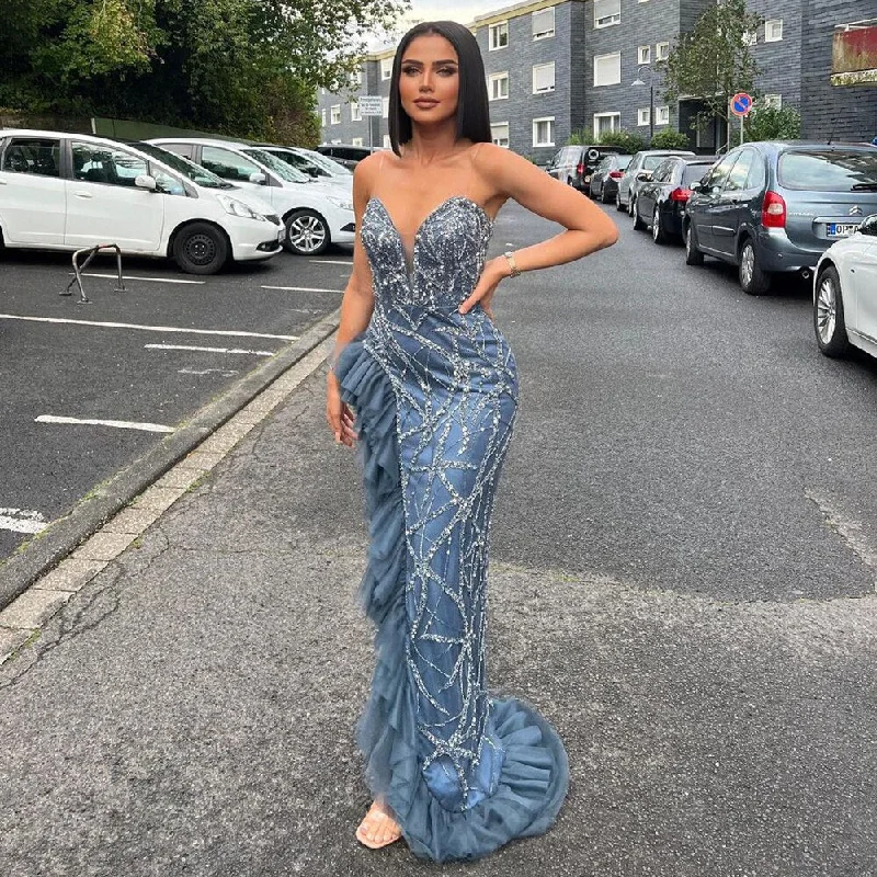 Anniversary Sale Serene Hill Sexy Blue Strapless Elegant Arabic Evening Dresses Gowns Mermaid Luxury  Beaded 2024 For Women Party LA71760