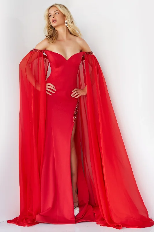 Online Only Jovani 07652 Size 8 Red Prom Dress Cape Sleeves Pageant Gown Off the Shoulder Sweetheart Neckline Slit Online Only Jovani 07652 Size 8 Red Prom Dress Cape Sleeves Pageant Gown Off the Shoulder Sweetheart Neckline Slit